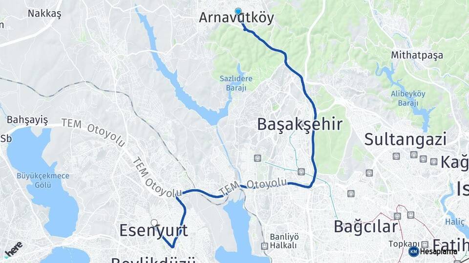 İstanbul Arnavutköy Esenyurt Arası Kaç Km - Yol Haritası