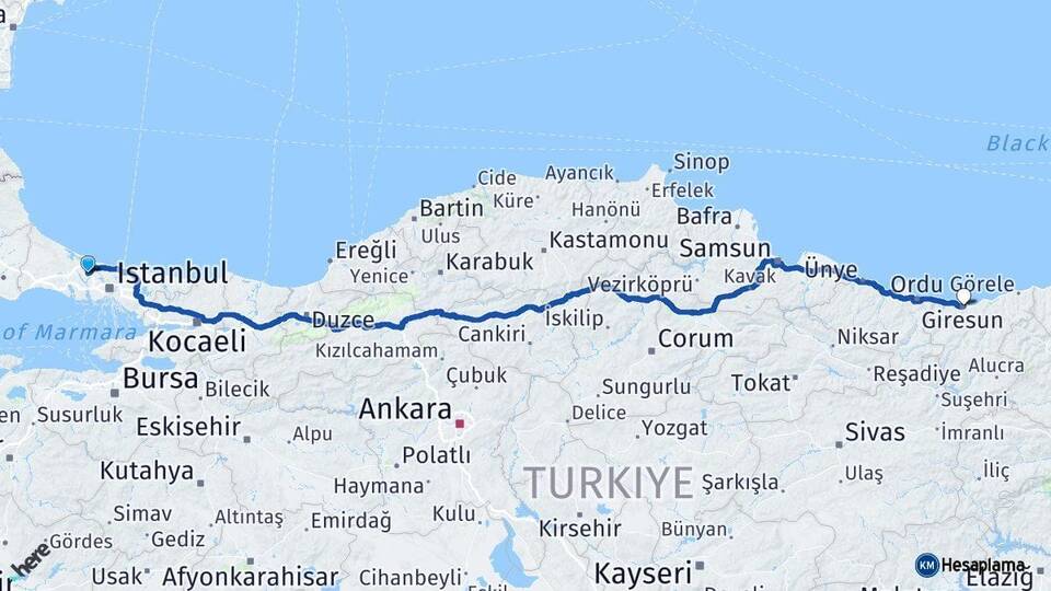 İstanbul Arnavutköy Giresun Arası Kaç Km - Yol Haritası