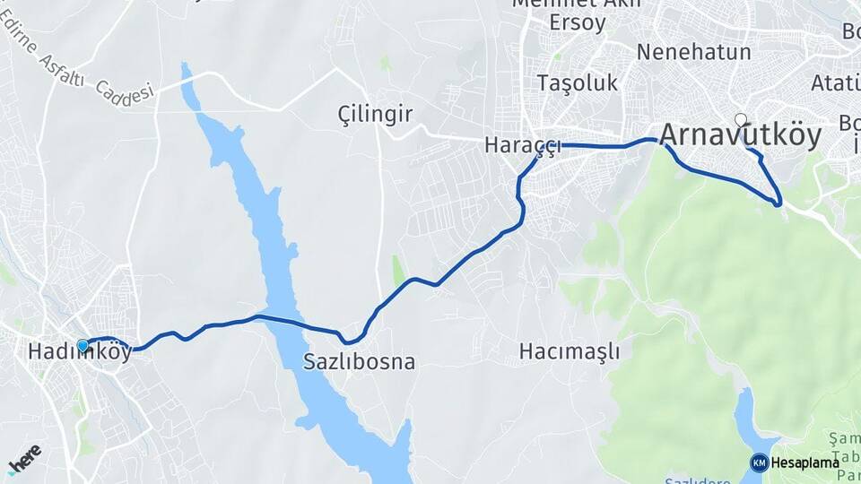 İstanbul Arnavutköy Hadımköy Arnavutköy Arası Kaç Km - Yol Haritası