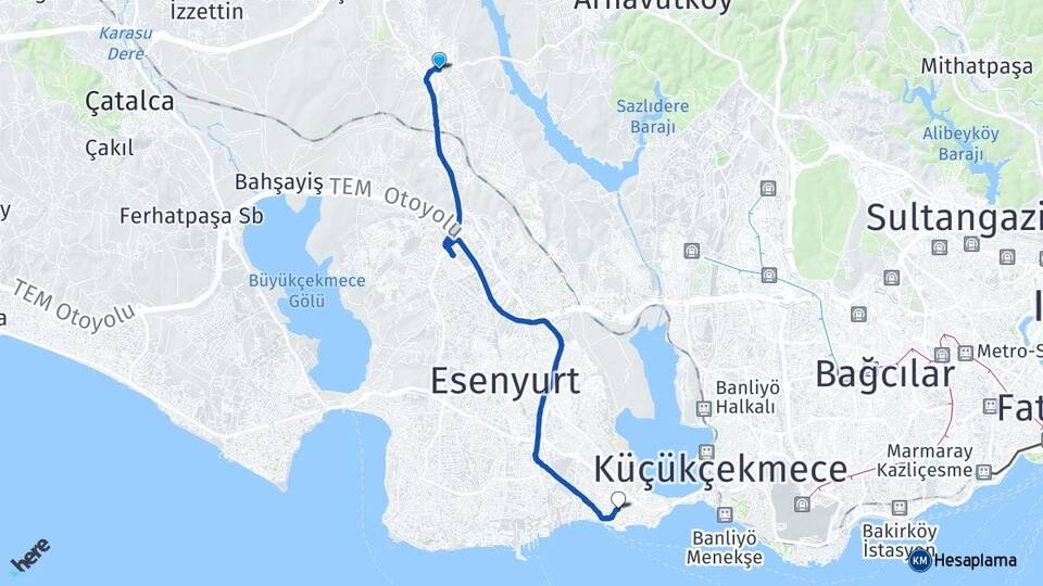 İstanbul Arnavutköy Hadımköy Avcılar Arası Kaç Km - Yol Haritası