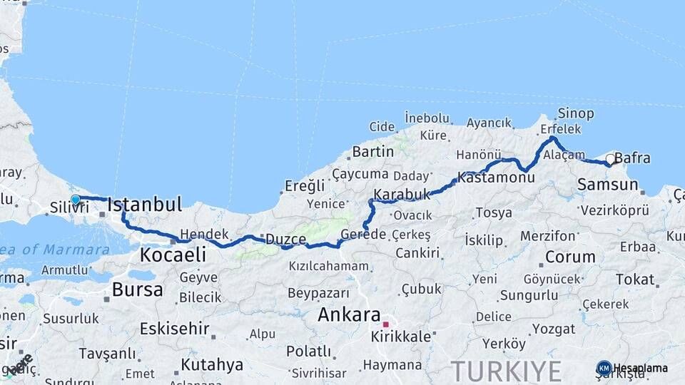 İstanbul Arnavutköy Hadımköy Bafra Samsun Arası Kaç Km - Yol Haritası