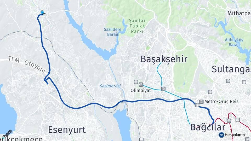 İstanbul Arnavutköy Hadımköy Bağcılar Arası Kaç Km - Yol Haritası