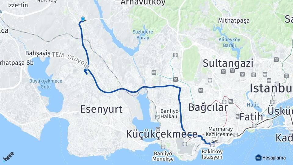 İstanbul Arnavutköy Hadımköy Bakırköy Arası Kaç Km - Yol Haritası