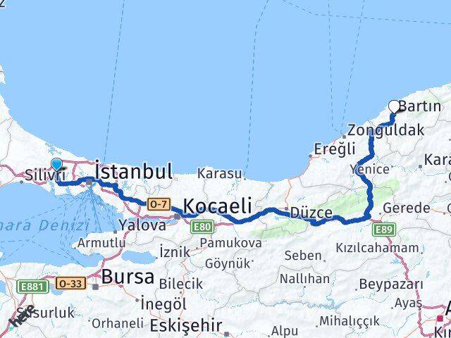 İstanbul Arnavutköy Hadımköy Bartın Arası Kaç Km - Yol Haritası