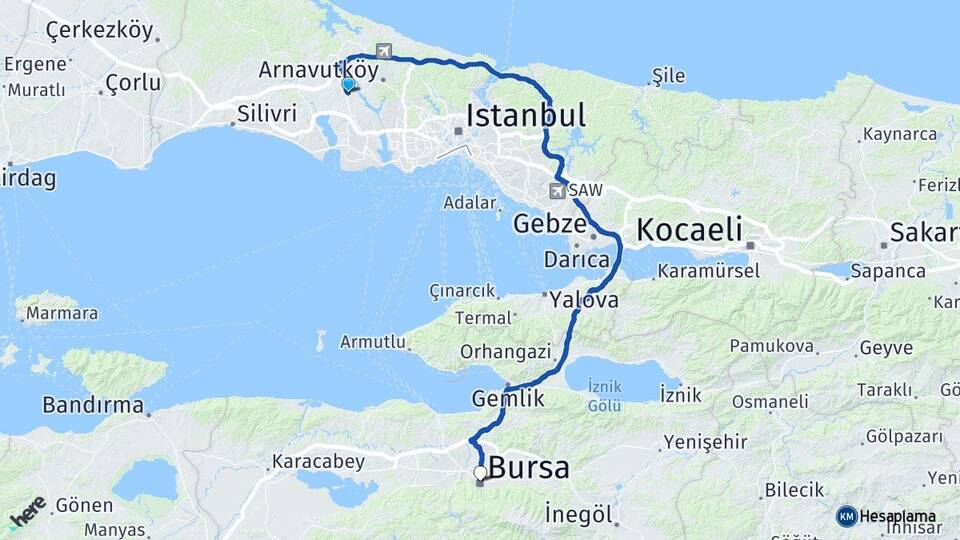 İstanbul Arnavutköy Hadımköy Bursa Arası Kaç Km - Yol Haritası