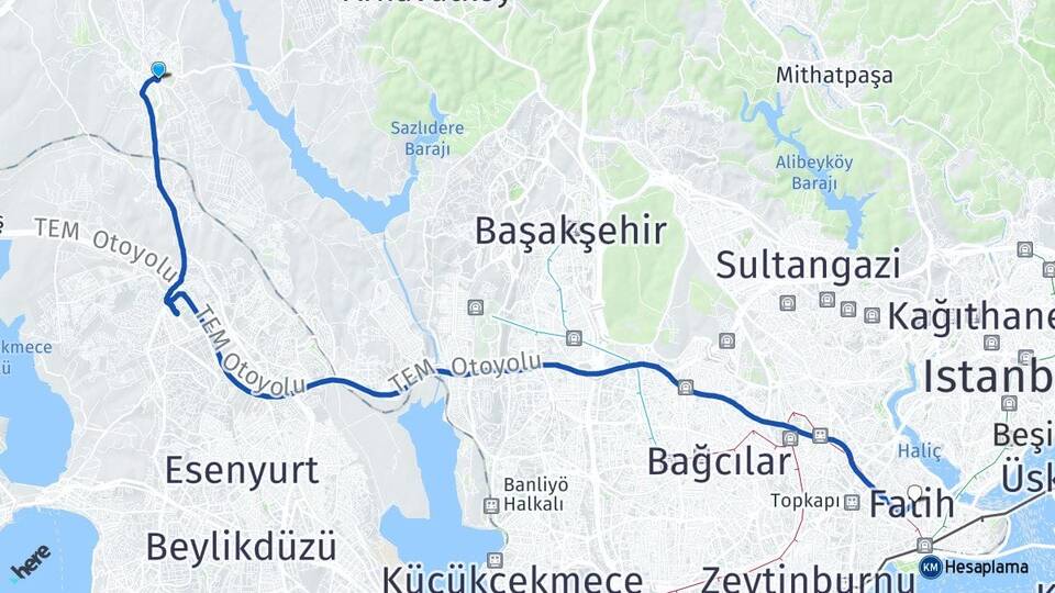 İstanbul Arnavutköy Hadımköy Fatih Arası Kaç Km - Yol Haritası