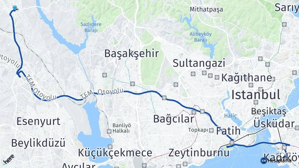 İstanbul Arnavutköy Hadımköy Kadıköy Arası Kaç Km - Yol Haritası