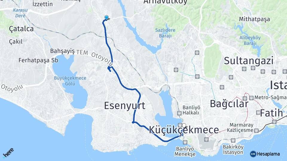 İstanbul Arnavutköy Hadımköy Küçükçekmece Arası Kaç Km - Yol Haritası
