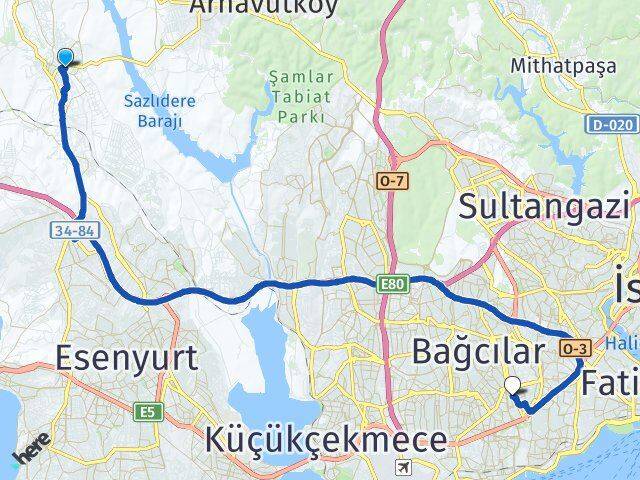 İstanbul Arnavutköy Hadımköy Merter Güngören Arası Kaç Km - Yol Haritası