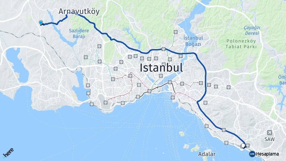 İstanbul Arnavutköy Hadımköy Pendik Arası Kaç Km - Yol Haritası