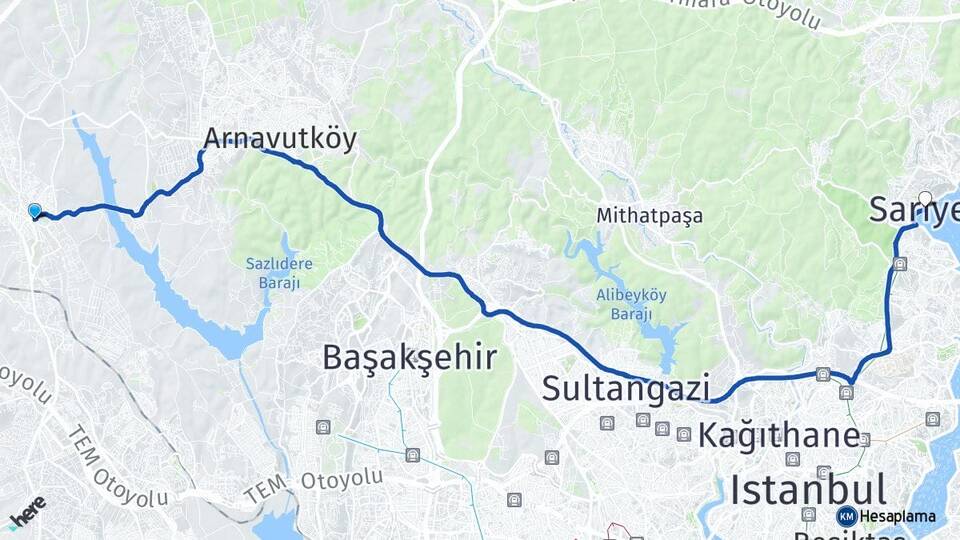 İstanbul Arnavutköy Hadımköy Sarıyer Arası Kaç Km - Yol Haritası