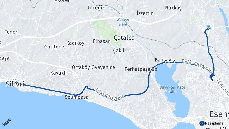 İstanbul Arnavutköy Hadımköy Silivri Arası Kaç Km - Yol Haritası