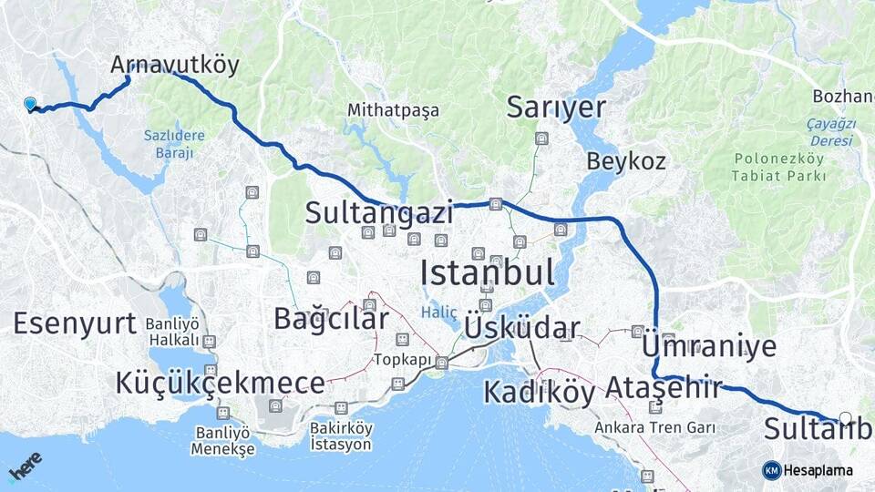 İstanbul Arnavutköy Hadımköy Sultanbeyli Arası Kaç Km - Yol Haritası
