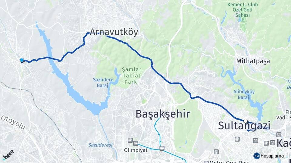 İstanbul Arnavutköy Hadımköy Sultangazi Arası Kaç Km - Yol Haritası