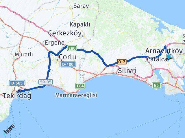 İstanbul Arnavutköy Hadımköy Tekirdağ Arası Kaç Km - Yol Haritası