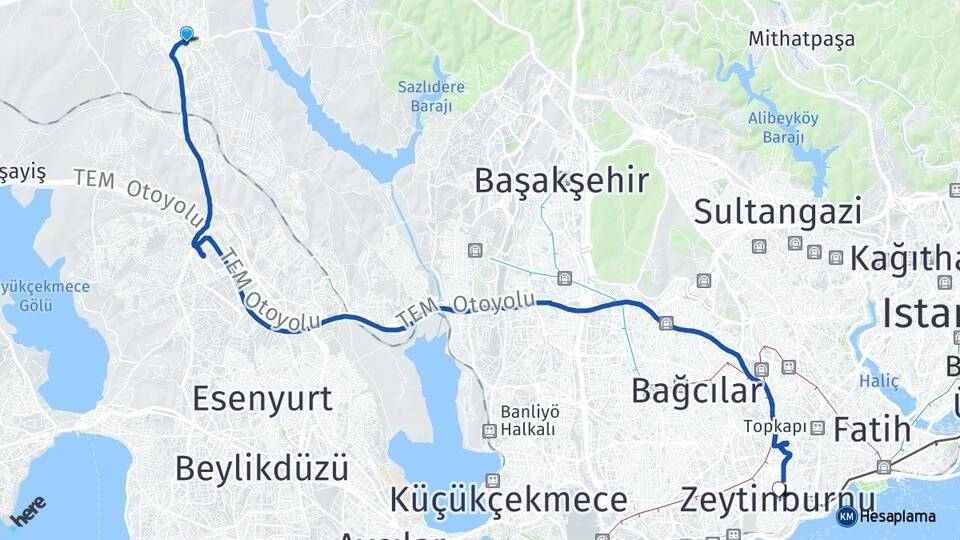 İstanbul Arnavutköy Hadımköy Zeytinburnu Arası Kaç Km - Yol Haritası
