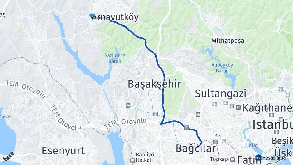 İstanbul Arnavutköy Haraççı Bağcılar Arası Kaç Km - Yol Haritası