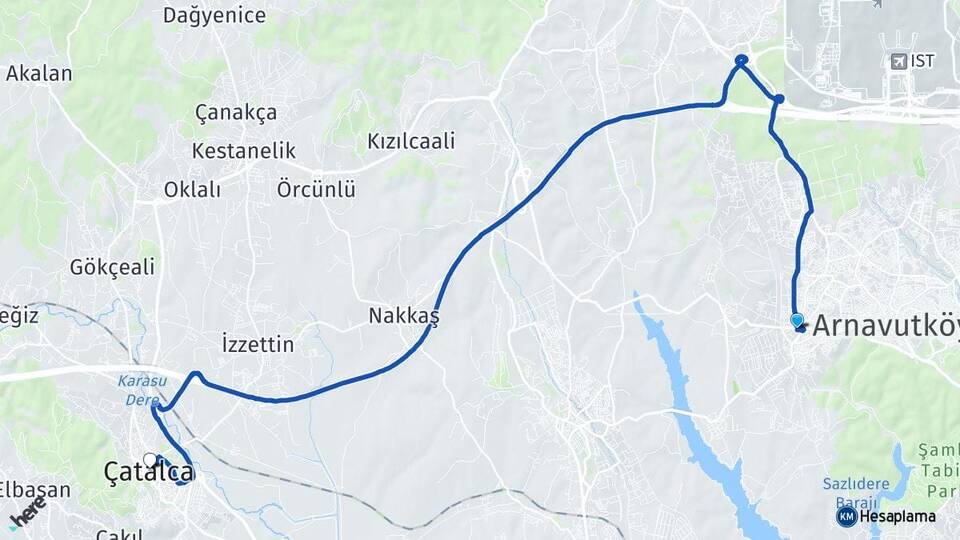 İstanbul Arnavutköy Haraççı Çatalca Arası Kaç Km - Yol Haritası