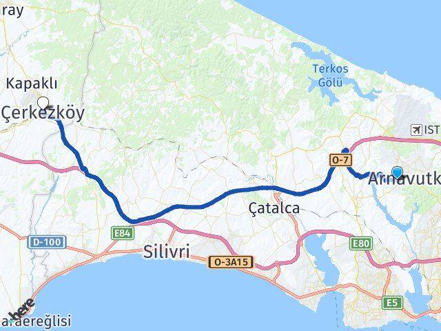 İstanbul Arnavutköy Haraççı Çerkezköy Tekirdağ Arası Kaç Km - Yol Haritası
