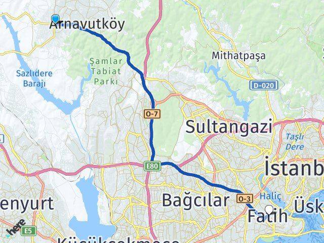 İstanbul Arnavutköy Haraççı Fatih Arası Kaç Km - Yol Haritası