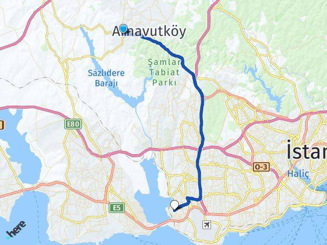 İstanbul Arnavutköy Haraççı Küçükçekmece Arası Kaç Km - Yol Haritası