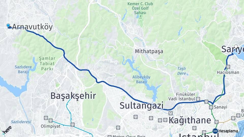 İstanbul Arnavutköy Haraççı Sarıyer Arası Kaç Km - Yol Haritası