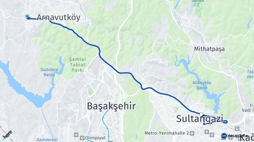 İstanbul Arnavutköy Haraççı Sultangazi Arası Kaç Km - Yol Haritası