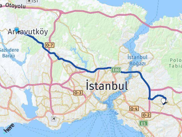 İstanbul Arnavutköy Haraççı Ümraniye Arası Kaç Km - Yol Haritası