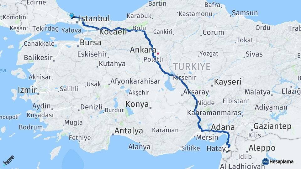 İstanbul Arnavutköy Hatay Arası Kaç Km - Yol Haritası