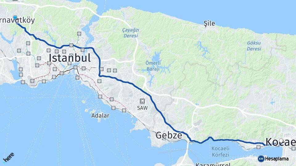 İstanbul Arnavutköy İzmit Kocaeli Arası Kaç Km - Yol Haritası