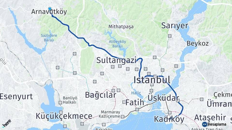 İstanbul Arnavutköy Kadıköy Arası Kaç Km - Yol Haritası