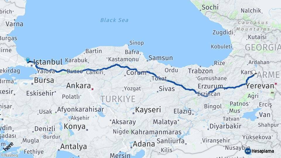 İstanbul Arnavutköy Kars Arası Kaç Km - Yol Haritası