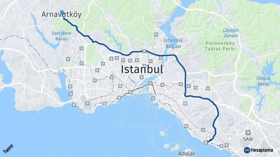 İstanbul Arnavutköy Kartal Arası Kaç Km - Yol Haritası