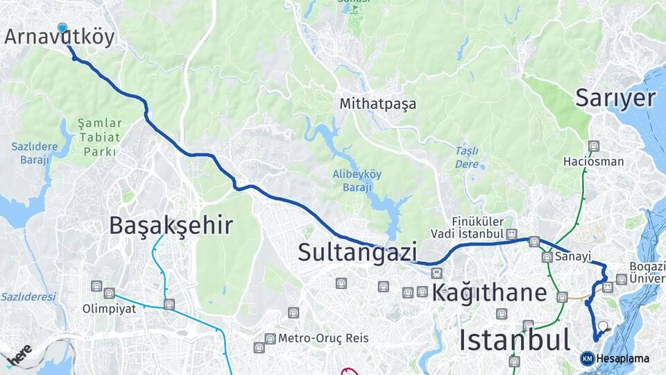 İstanbul Arnavutköy Kuruçeşme Beşiktaş Arası Kaç Km - Yol Haritası