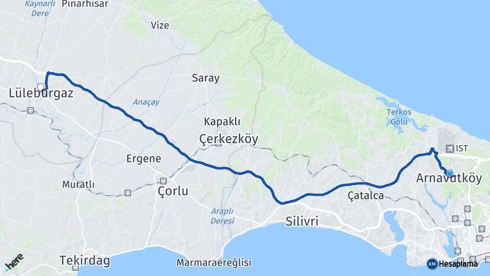 İstanbul Arnavutköy Lüleburgaz Kırklareli Arası Kaç Km - Yol Haritası