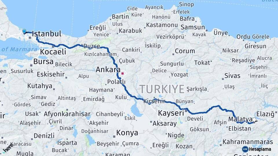 İstanbul Arnavutköy Malatya Arası Kaç Km - Yol Haritası