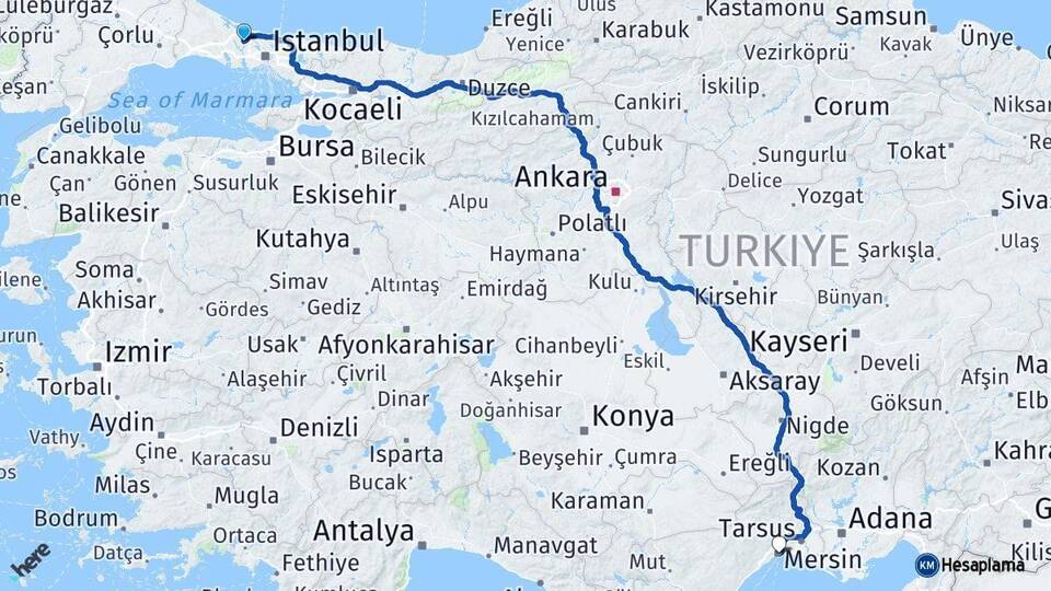 İstanbul Arnavutköy Mersin Arası Kaç Km - Yol Haritası