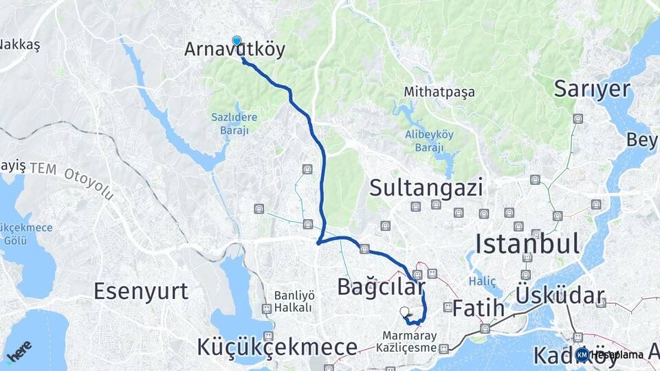 İstanbul Arnavutköy Merter Güngören Arası Kaç Km - Yol Haritası