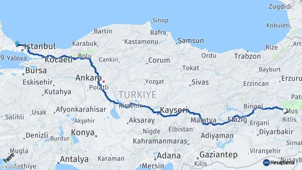 İstanbul Arnavutköy Muş Arası Kaç Km - Yol Haritası