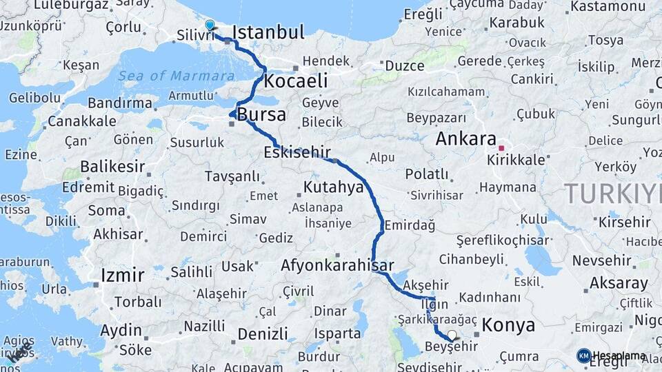 İstanbul Arnavutköy Sefaköy Meram Konya Arası Kaç Km - Yol Haritası