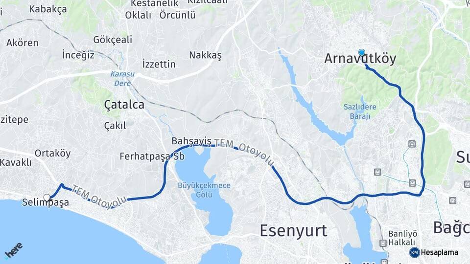 İstanbul Arnavutköy Selimpaşa Silivri Arası Kaç Km - Yol Haritası