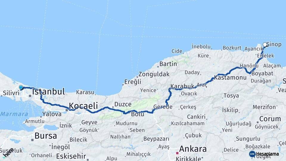 İstanbul Arnavutköy Sinop Arası Kaç Km - Yol Haritası