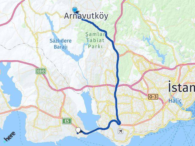 İstanbul Arnavutköy Taşoluk Avcılar Arası Kaç Km - Yol Haritası