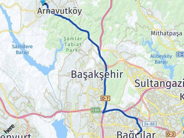 İstanbul Arnavutköy Taşoluk Bağcılar Arası Kaç Km - Yol Haritası