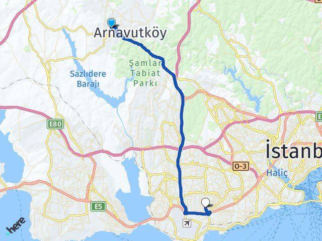 İstanbul Arnavutköy Taşoluk Bahçelievler Arası Kaç Km - Yol Haritası