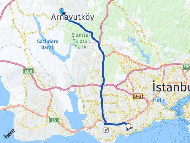 İstanbul Arnavutköy Taşoluk Bakırköy Arası Kaç Km - Yol Haritası