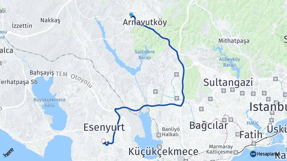 İstanbul Arnavutköy Taşoluk Beylikdüzü Arası Kaç Km - Yol Haritası