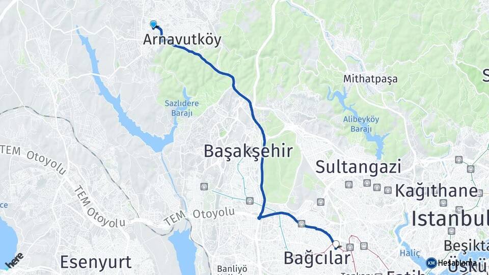 İstanbul Arnavutköy Taşoluk Esenler Arası Kaç Km - Yol Haritası