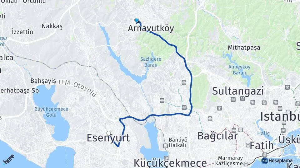İstanbul Arnavutköy Taşoluk Esenyurt Arası Kaç Km - Yol Haritası