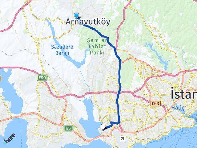 İstanbul Arnavutköy Taşoluk Küçükçekmece Arası Kaç Km - Yol Haritası